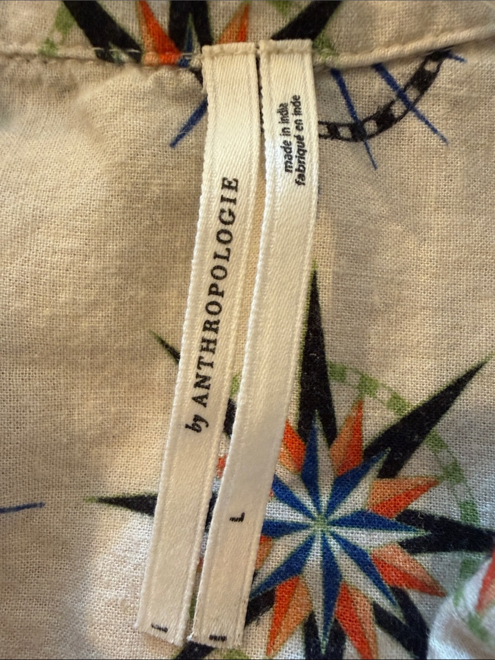 AnthropologieCream Short-Sleeve Button-Up Shirt with Navy & Orange Compass Print - Picture 2 of 2